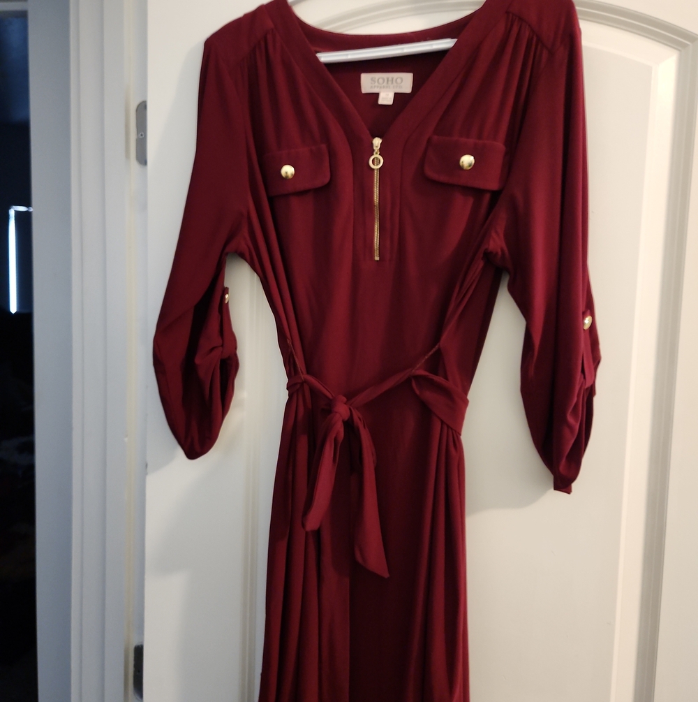 SOHO Burgundy Maxi Dress with Gold Zip and Belt